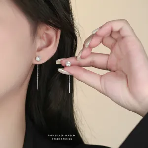 S999 Silver Zircon Tassel Earrings Main View Model Wearing Display Elegant Jewelry Style