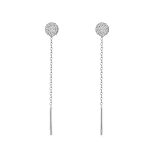 S999 silver sparkling cubic zirconia pave ball long chain tassel drop earrings for women.