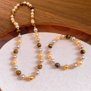 Vintage maillard style tiger eye stone pearl necklace bracelet set fashion jewelry charm.