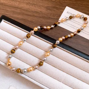 Retro Maillard style tiger eye stone and pearl beaded bracelet, chic fashion jewelry.