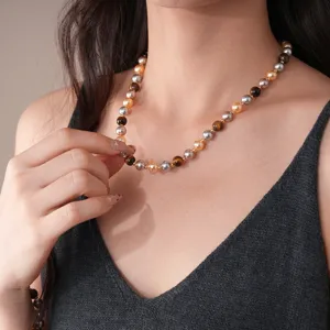 Vintage multi-stone beaded necklace with tiger eye and pearls for women fashion jewelry.
