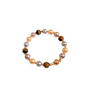 Retro Maillard Style Tiger Eye Stone Beaded Artificial Pearl Bracelet Necklace Elegant Brown Hand String Jewelry For Women Gift