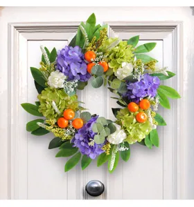 Corona artificial de hortensias y naranjas para puerta, hermosa guirlande floral colgante.