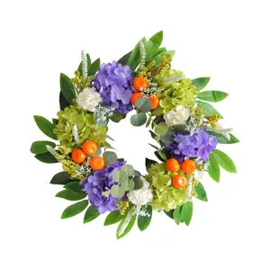 Corona artificial de hortensias y naranjas, guirlanda de flores falsas para decoración.