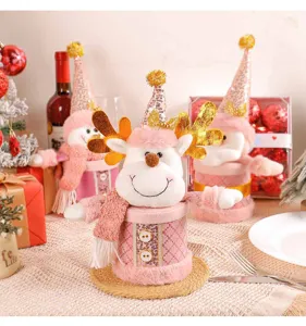 Pink Christmas plush reindeer snowman apple box candy jar cute holiday gift packaging container