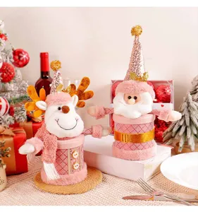 Pink Christmas apple box and candy jar decoration, cute plush reindeer and Santa design.
