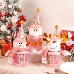 Pink Christmas Candy Jar Santa Claus Snowman Reindeer Plush Gift Packaging Box For Christmas Eve Apple Storage Home Party Decor