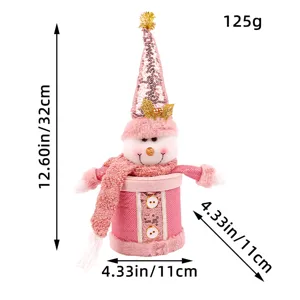 Pink Christmas snowman candy jar packaging box with plush scarf and sequin hat 32cm