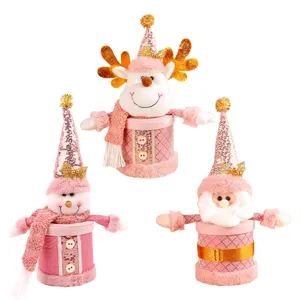 Set of 3 cute pink Christmas plush candy boxes featuring reindeer, snowman and Santa Claus.