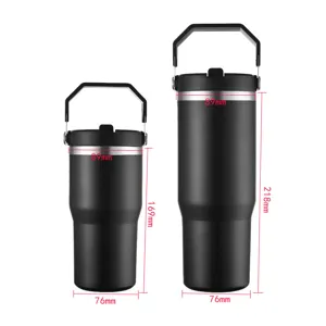Detailansicht mit Abmessungen für schwarze vakuumisolierte Edelstahl-Reisebecher.