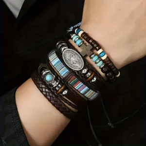 Detailansicht eines Retro-Armband-Sets aus Wenge-Holz, Türkis und Leder für Herren