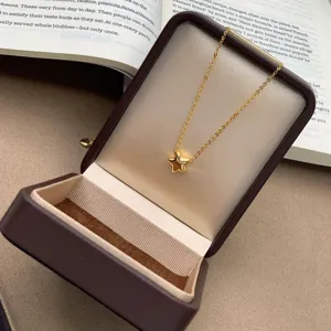 Detalle de un collar con colgante de estrella 3D chapado en oro 24K en un joyero de lujo.