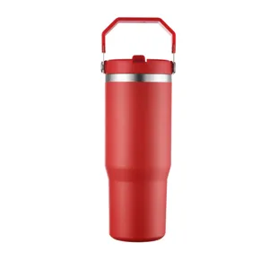 Roter 30oz isolierter Edelstahlbecher mit Griff und konischem Boden für das Auto
