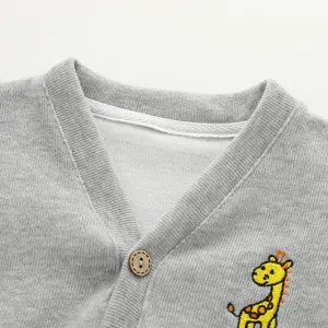 Grey baby knitted cardigan sweater with cute giraffe embroidery and wooden button
