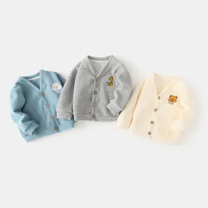 Set of three toddler cardigans in blue, grey, and cream with cute animal patches