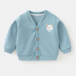Light blue knitted baby cardigan jacket with cute cartoon bear embroidery decoration