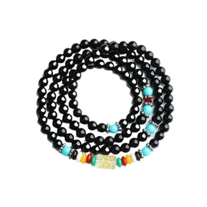 Braccialetto buddista di 108 grani mala in agata nera naturale e perle turchesi