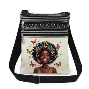 Black girl print crossbody bag, stylish canvas shoulder bag with double zipper and strap.