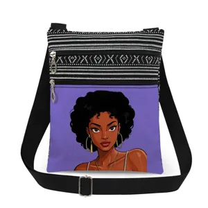 Close-up detail of stylish black white striped crossbody bag featuring afro woman print.