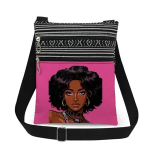 Canvas crossbody bag featuring stylish black girl print and double zippers for daily use.