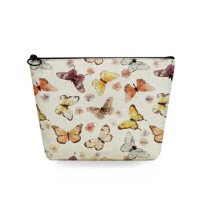 Watercolor butterfly cosmetic bag with zipper closure, stylish canvas storage pouch for daily use.
