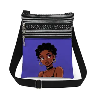 Canvas crossbody bag with stylish black girl print, double zipper, and adjustable strap.