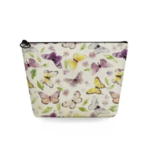 Close-up detail of the stylish watercolor butterfly print cosmetic makeup bag with zipper.