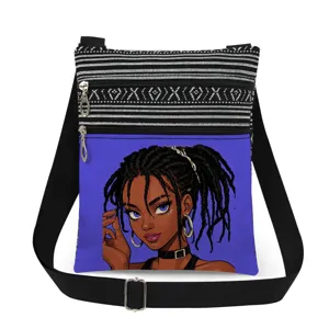 Detailed view of the crossbody messenger bag showcasing the chic girl print and double zippers.