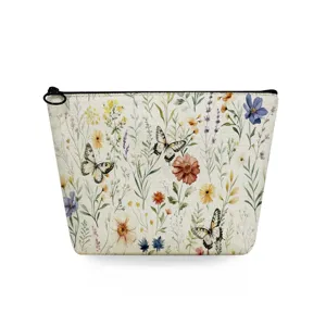 Watercolor butterfly wildflower print cosmetic bag makeup pouch with zipper closure for women.