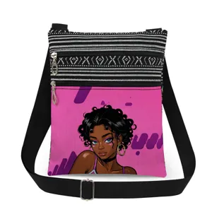 Stylish black girl print crossbody bag featuring double zippers and adjustable strap.