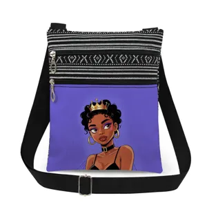 Black girl art print crossbody bag, stylish striped double zipper messenger bag for women.