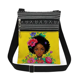 Stylish black girl floral printed canvas crossbody bag with double zippers and strap.