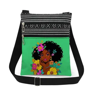 Canvas crossbody bag with black white stripes, green pocket and chic black girl floral print.