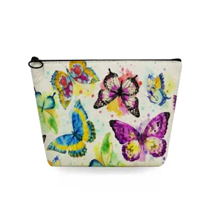 Detailed view of the watercolor butterfly print cosmetic bag featuring vibrant colorful artistic patterns.