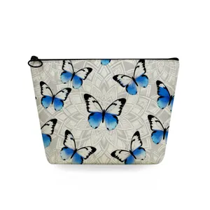 Blue butterfly print cosmetic bag zipper makeup pouch daily travel storage organizer bag