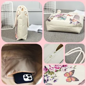 Floral print canvas tote bag, large capacity shoulder bag with zipper closure and rope handles.
