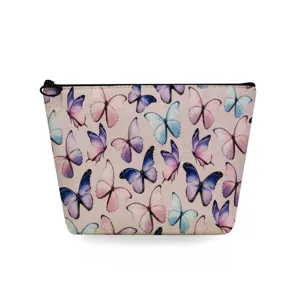 Watercolor butterfly print cosmetic bag with secure zipper closure, detailed pattern view.