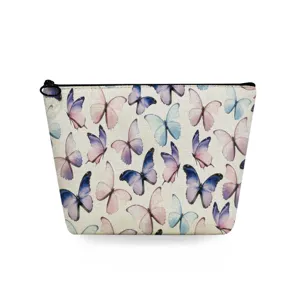 Canvas cosmetic bag with watercolor butterfly print, stylish zipper pouch for daily travel.