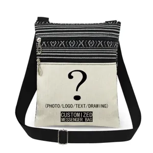 Customizable canvas messenger bag pocket detail, black and white woven pattern strap.