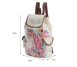 Canvas unicorn floral backpack detail shot showing size dimensions and front illustration.