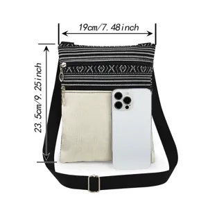 Detailed view of the lightweight canvas crossbody bag showcasing double zippers and adjustable strap.