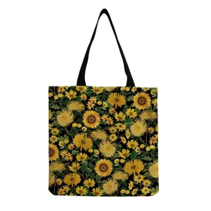 Detailansicht der Vintage Sonnenblumen Canvas Tasche, florale Umhängetasche Ansicht.
