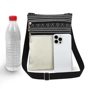Canvas crossbody bag with black white stripes double zipper adjustable strap daily casual bag