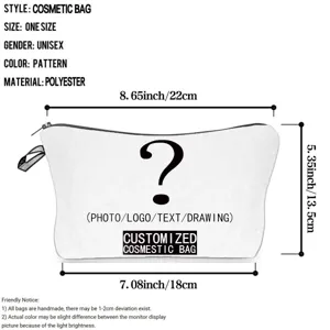 Dettaglio della borsa cosmetica in poliestere personalizzabile con dimensioni precise.