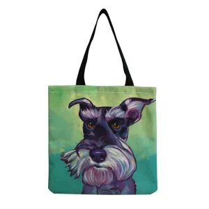 Damen Ölgemälde Hund Druck Tote Bag Künstlerische Baumwolle Leinen Schultertasche Wiederverwendbare Einkaufstasche Kunst Handtasche