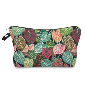 Tropical Green Leaf Print Makeup Bag For Women Portable Polyester Zipper Cosmetic Pouch Travel Toiletry Wash Bag Storage Organizer