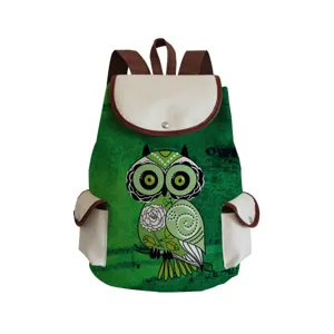 Green canvas backpack with cute owl print, flap closure and side pockets for daily use.