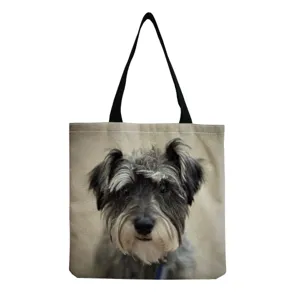 Detailansicht der Schnauzer Hundemotiv Leinentasche mit realistischem Tierportrait und Henkel.
