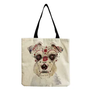 Leinwand Umhängetasche Shopper mit einzigartigem künstlerischem Aquarell Hundemotiv und Riemen.