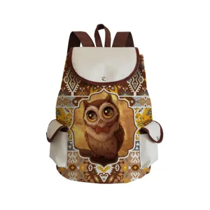 Cute owl print student backpack with geometric patterns, brown straps and pockets.